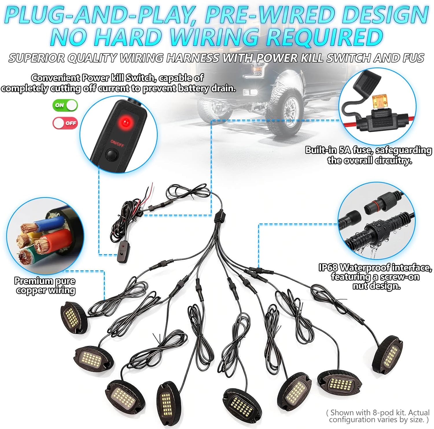 20Pods Metal All Pure White LED Rock Lights Full Kit Plug and Play&Pre Wired 6500K with Switch Wiring Harness Extension Fuse, 480Chip Aluminum Waterproof Underglow 12V for Semi Truck Pickup Offroad