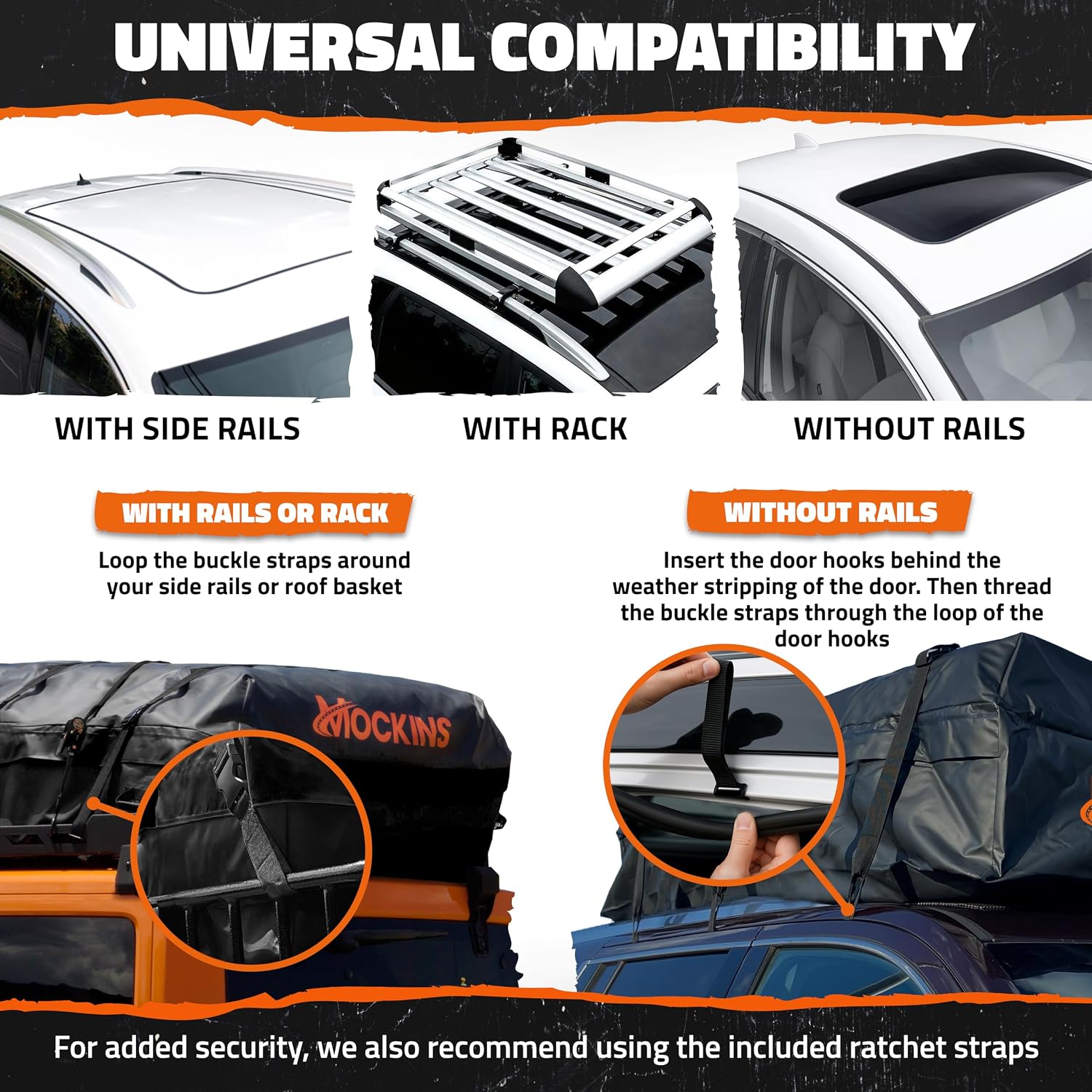Mockins XXL 50 CuFt Heavy Duty Car Rooftop Cargo Carrier Bag 85"x50"x20" | Massive Car Luggage Roof Carrier Bag | All-Weather 840D Vinyl Vehicle Soft-Shell Carriers with Mat, Lock, Straps & Hooks