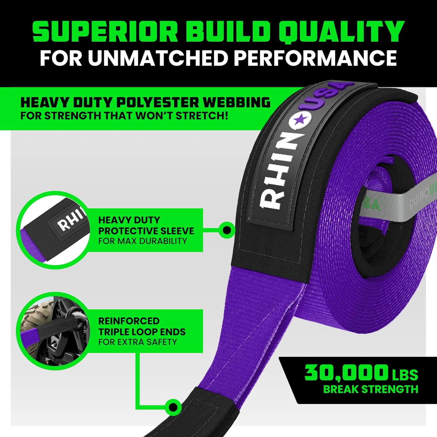 Rhino USA Recovery Tow Strap (3" x 20') - 31,518lb Break Strength - Emergency Recovery Strap Tow Rope for Truck, UTV, ATV & More - Heavy Duty Towing Strap for Offroad 4x4 Use - Compatible with Jeep