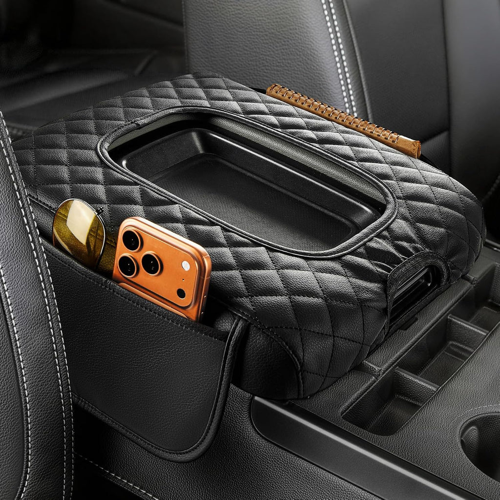 JOYTUTUS Center Console Cover Compatible with Silverado Sierra 2014-2018 Jump Seat, Leather Arm Rest Armrest Cover for Car, Durable Middle Console Cover Replacement for Trucks, with 2 Pocket