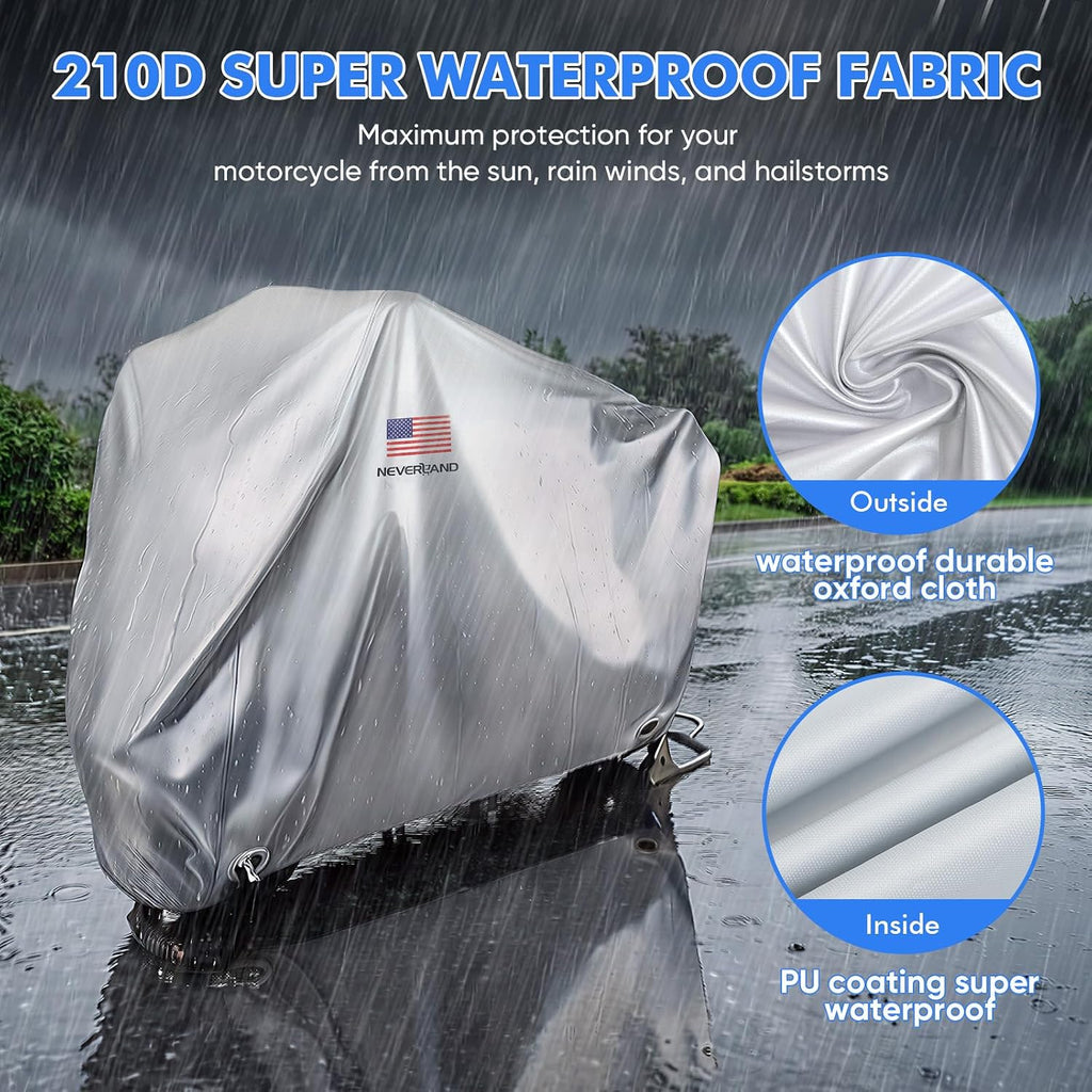 NEVERLAND Motorcycle Cover Waterproof Outdoor - Silver Heavy Duty Scooter Cover, Motorbike Cover with Refletive Logo, Lock-Hole, Bandage, Storage Bag-Protect Against Dust, Debris, Rain and Weather(L)