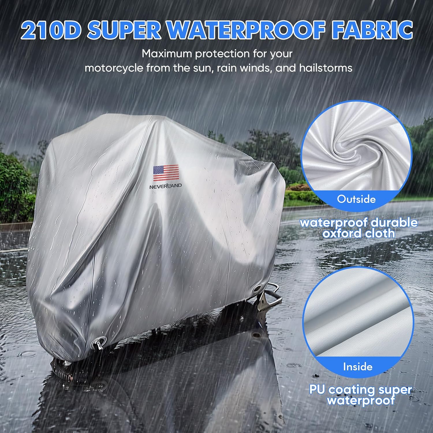 NEVERLAND Motorcycle Cover Waterproof Outdoor - Silver Heavy Duty Scooter Cover, Motorbike Cover with Refletive Logo, Lock-Hole, Bandage, Storage Bag-Protect Against Dust, Debris, Rain and Weather(L)