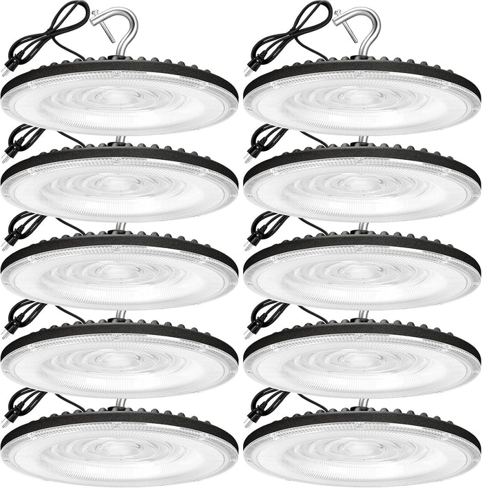 XYCN 100W UFO Led High Bay Light(10 Pack),IP66 Waterproof,120VAC,15050LM 5000K Daylight Area Lighting,450W MH/HPS with Plug Commercial Bay Lighting for Warehouse/Shop/Workshop/Barn/Gym/Factory