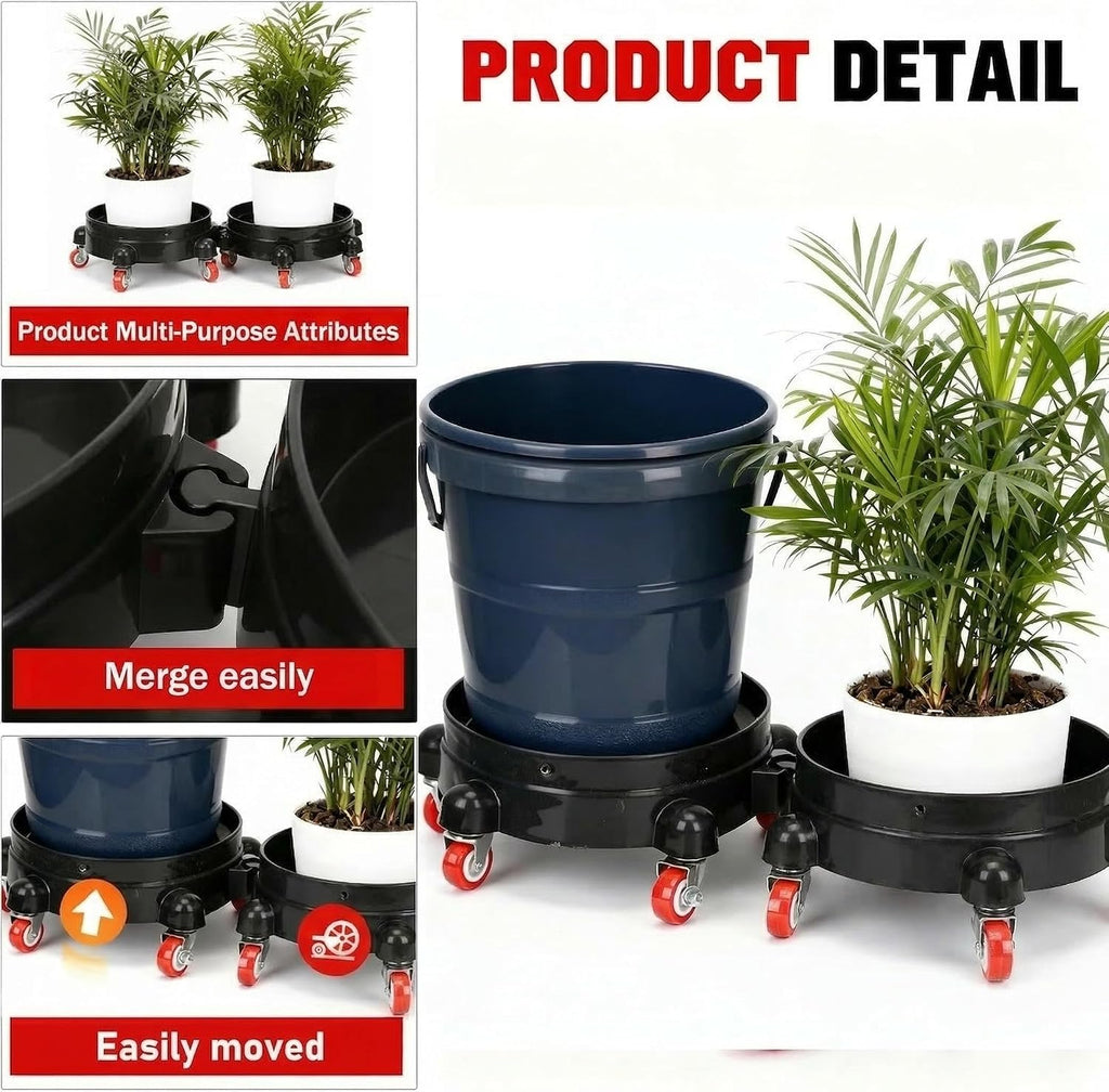 2 Pcs 5 Gallon Bucket Dolly, 11 Inch, Black Set | 1 Car Washing Glove, 5 Heavy Duty Wheel Casters, 360° Rolling, Connectable & Locking, For Car Wash, Garden & Garage