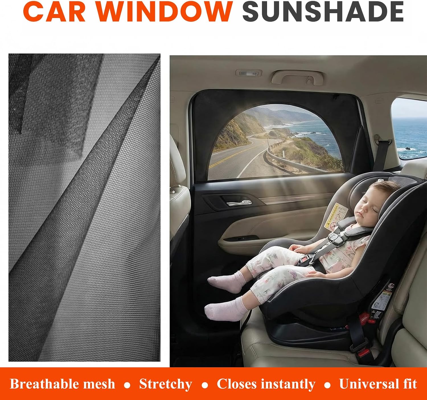 Car Window Shades, Breathable Mesh Front Side Window Screen Privacy Shade with Zipper, Stretchable Net Curtain Sun & Heat Protection Cover for Most Car Side Windows