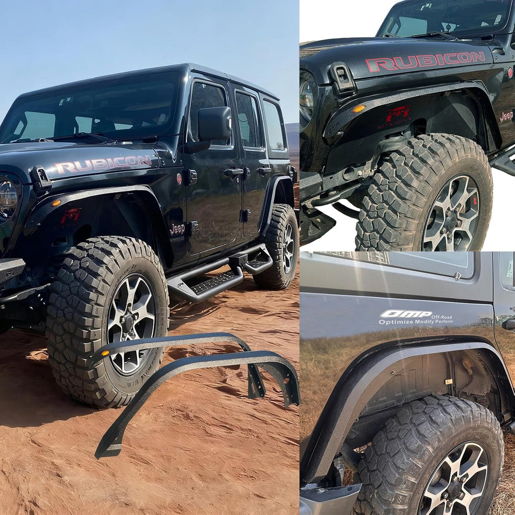OMP Offroad Steel Fender Flares Compatible for Jeep Wrangler (JL/JLU 2018-2026) | Desert Viper Blade Design –No-Drill Bolt-On | Crawling Moab Rocks (4" No Inner Liners)