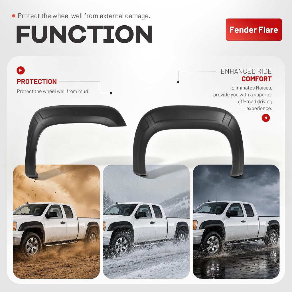 ALMULOO 10Pcs Fender Flares Compatible with 2007-2013 GMC Sierra 1500 w/5.8 Ft Bed (Short Bed) Only Wheel Arch Covers Plastic(PP) Textured Black 2X2Pcs Front and 2X3Pcs Rear Fender Flares