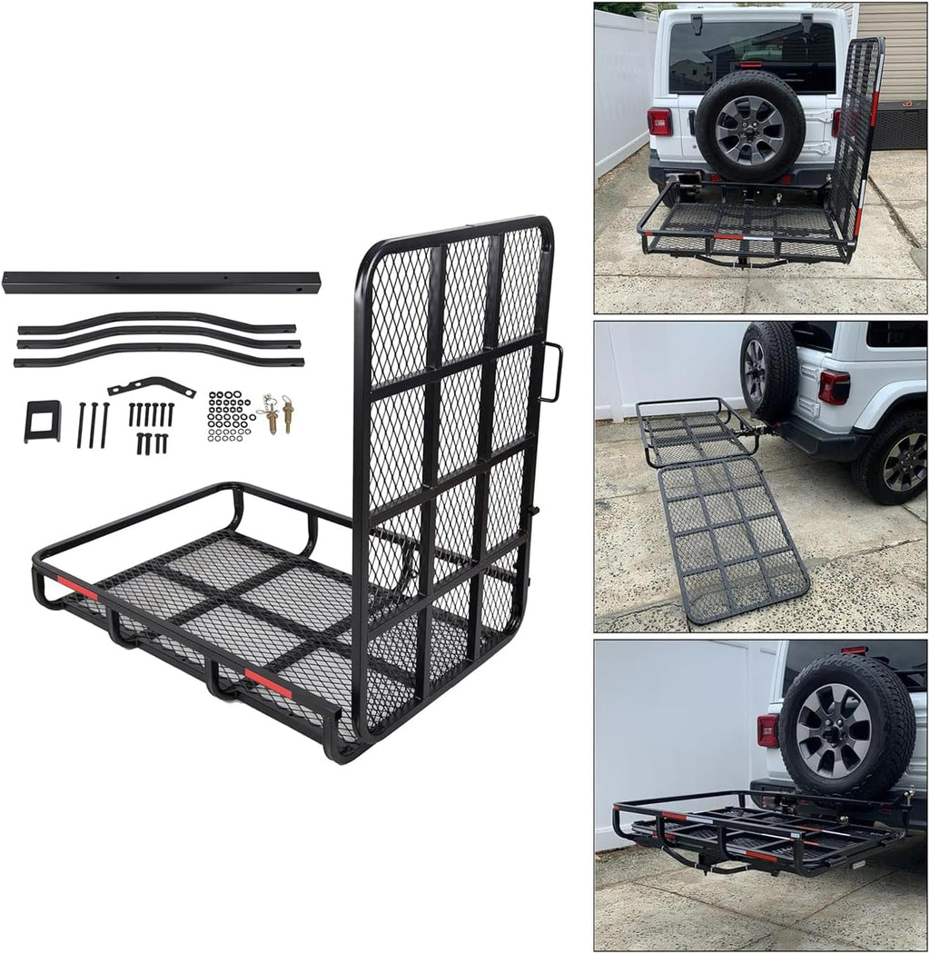 ECOTRIC Hitch Mount Wheelchair Carrier with Mobility Ramp for Wheelchair | Scooter Lawn Mower Snow Blower Hauler 500lb Capacity Basket-Style, 73lbs Weight