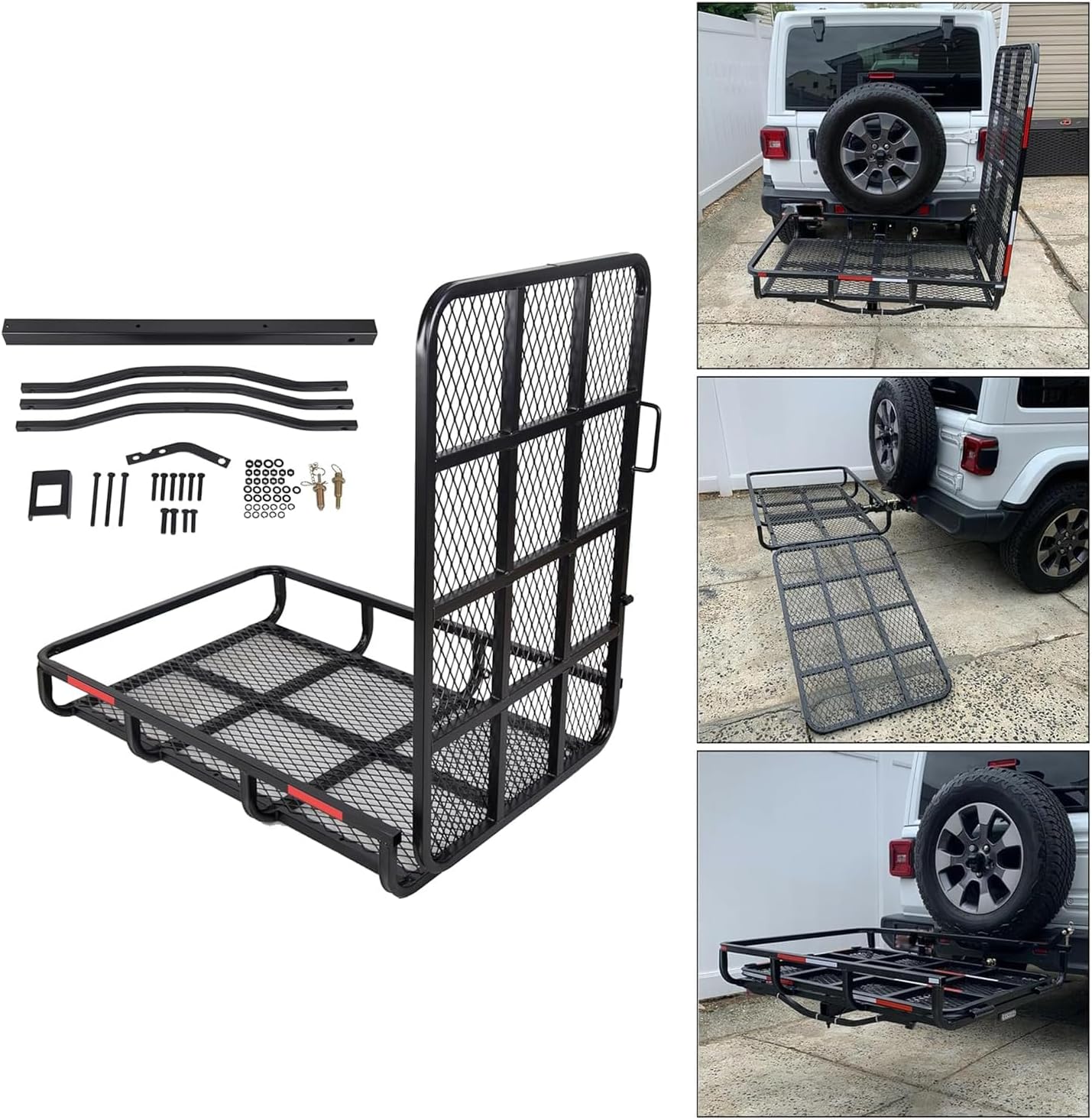 ECOTRIC Hitch Mount Wheelchair Carrier with Mobility Ramp for Wheelchair | Scooter Lawn Mower Snow Blower Hauler 500lb Capacity Basket-Style, 73lbs Weight