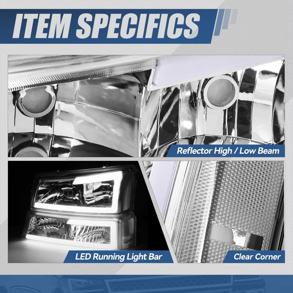 Auto Dynasty 4PCS LED DRL Headlight Lamps Compatible with Chevy Silverado Avalanche 1500 2500 3500 03 04 05 06 / Chevy Silverado Classic Models 07, Driver and Passenger Side, Chrome Housing Clear Lens