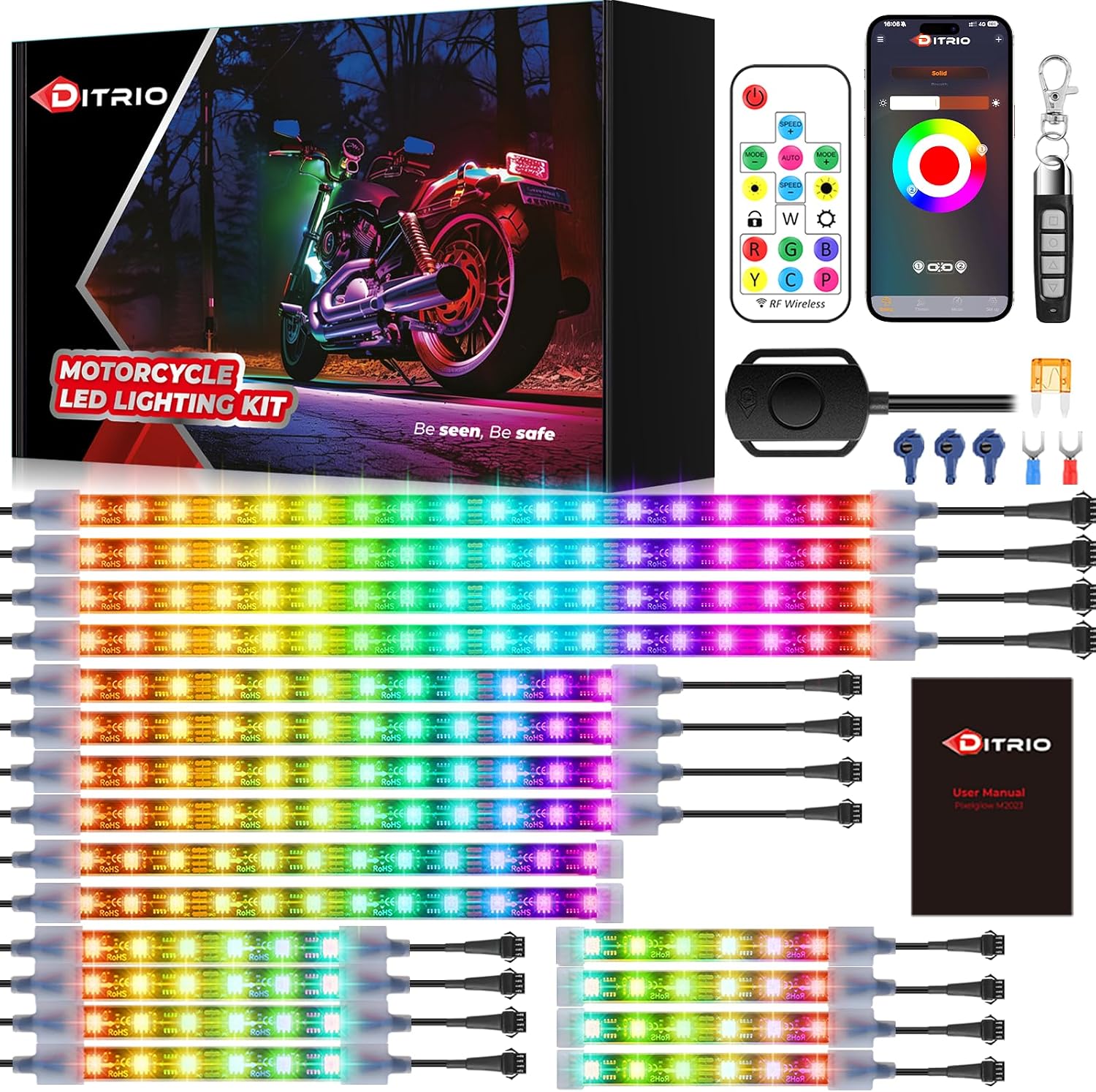 18PCS Motorcycle Led Underglow Kit with Brake Turn Signal, Motorcycle RGB Lights with DITRIO APP/RF Remote Control, Dual Zone,12V Waterproof Pixelglow Effects for Motorcycles, Golf Carts,UTVs, Boats