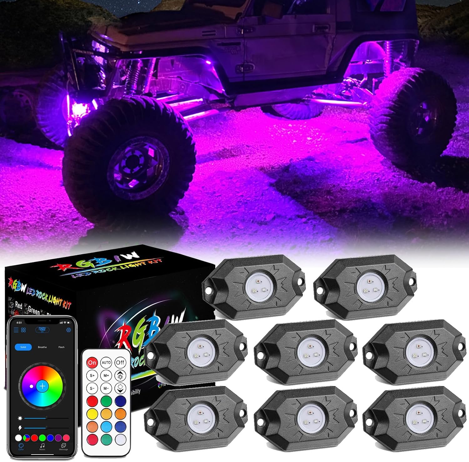 8 Pods Rock Lights w/Bluetooth & Wireless Remote Control LED Rock Light Kits Multicolor Underglow Wheel Well Lights for Truck Pickup Wrangler UTV ATV SUV Boat