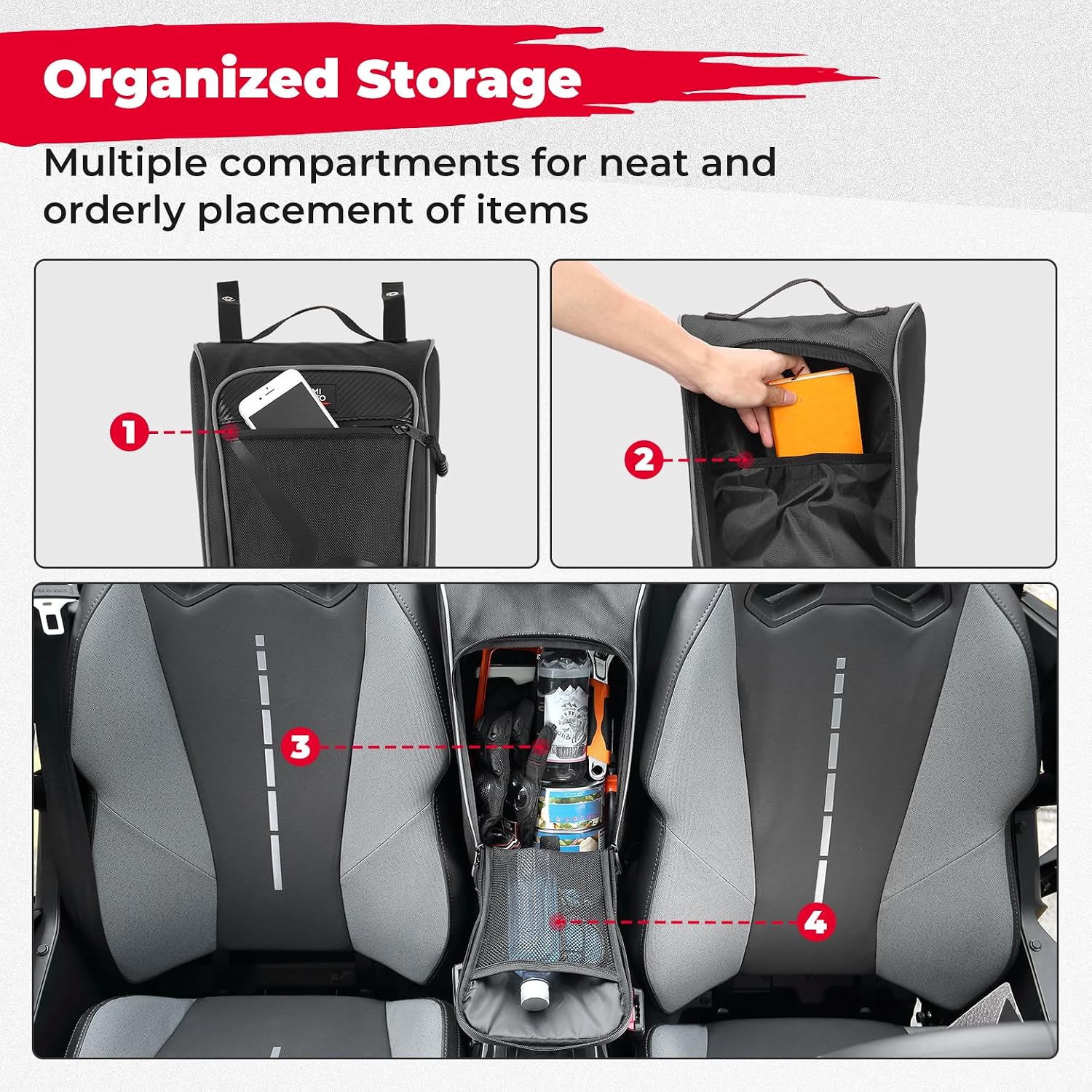 KEMIMOTO Center Bag 1.7 Gal Multi-Pockets 1680D Compatible with CFMOTO ZForce 950 HO, HOEX 2022-2024/20-22 ZForce 950 Sport G1 UTV Cab Pack Center Seat Bag Water Resistant Organized Storage