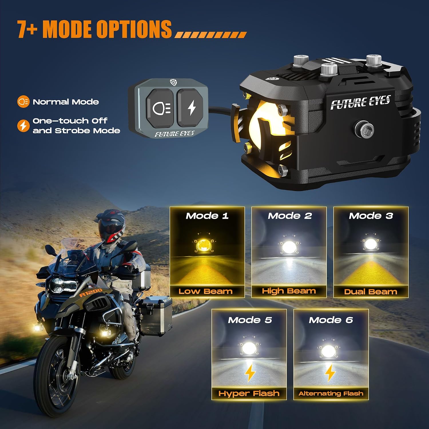 Future Eyes LED Motorcycle Fog Lights, 360° Adjustable Auxiliary Lights, Waterproof Off-Road Driving Light for Night Riding, Amber/White High & Low Beam, Compatible with Motorcycles, ATVs, and UTVs