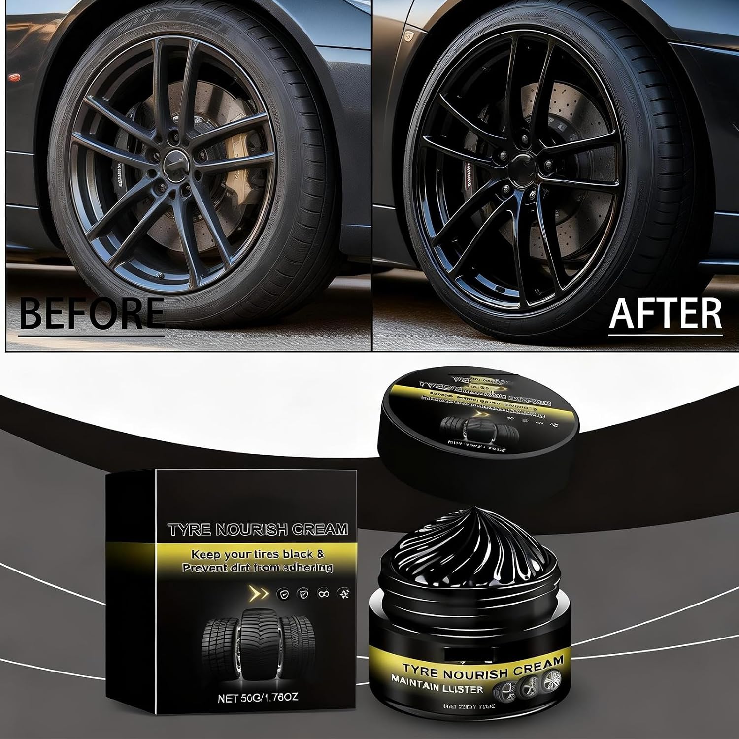 Tyre Nourish Cream Tire Shine Car Tire Retreading Wax Restores Black Gloss, Uv Protection and Waterproof Coating,Wheel Refurbishment Polish for Long-Lasting Shine and Clean Look (2pcs)
