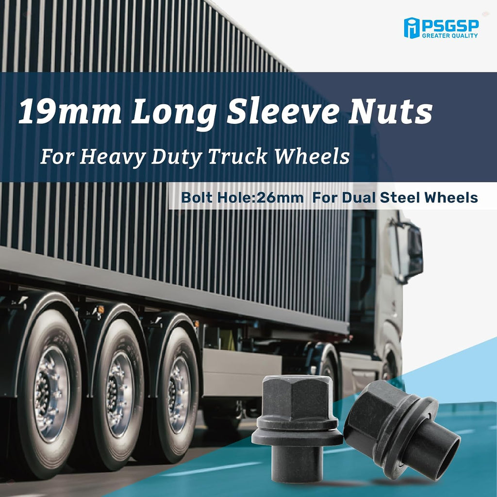 Two-Piece 19mm Sleeve Flanged Wheel Nuts 6PCS, M22x1.5 Hex:33mm Black for Heavy Duty Truck Semi Truck Fit Steel Dual Wheels with Hub Piloted Seat & 26mm Bolt Hole Size