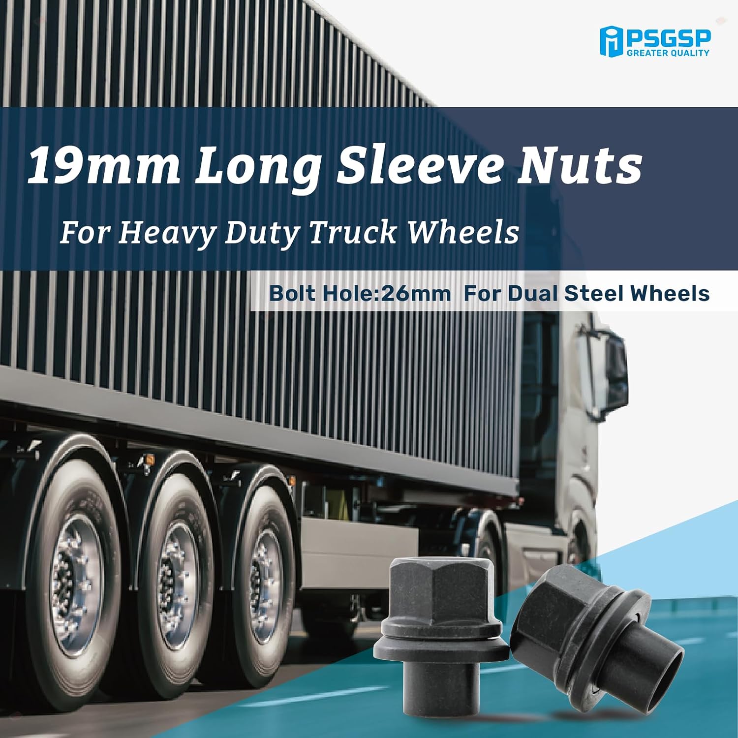Two-Piece 19mm Sleeve Flanged Wheel Nuts 6PCS, M22x1.5 Hex:33mm Black for Heavy Duty Truck Semi Truck Fit Steel Dual Wheels with Hub Piloted Seat & 26mm Bolt Hole Size