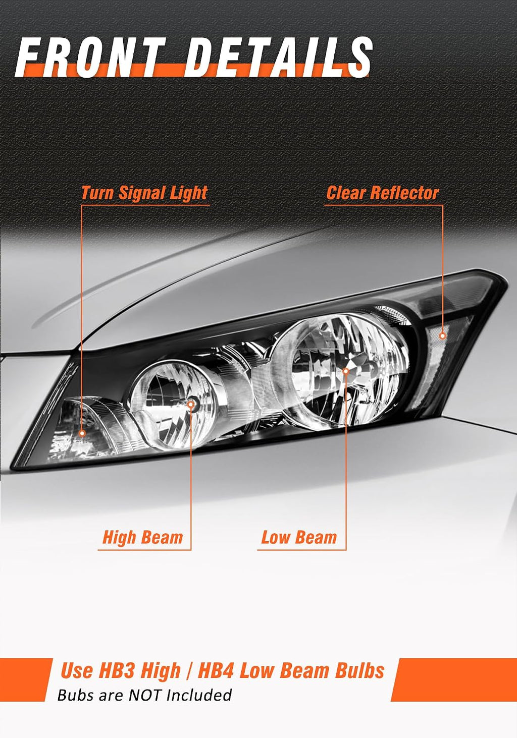 Headlights Assembly for 2008-2012 Honda Accord 4dr Black Housing Clear Reflector Clear Lens Headlamp Replacement Left and Right Pair NOT fit coupe models or Crosstour models(Bulbs not included