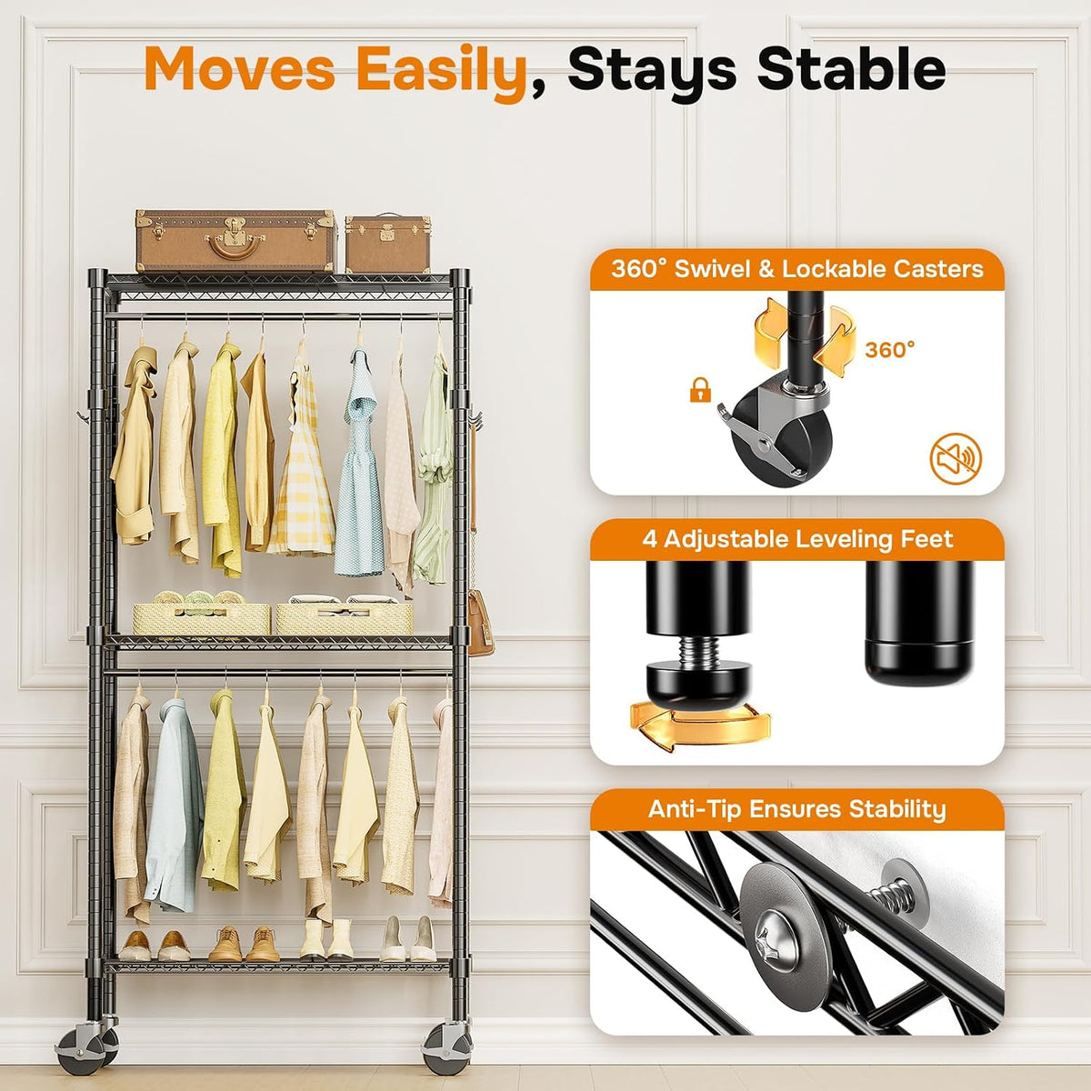 simple deluxe rolling clothes rack, heavy duty clothing, side view