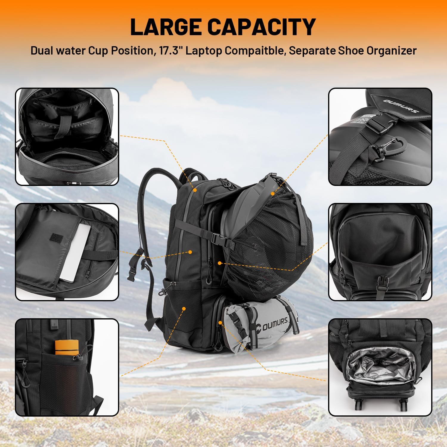 Oumurs Motorcycle Helmet Backpack 50L, Expandable Helmet Bag with Rain Cover, Water-Resistant Black 1680D Oxford Fabric, USB Port, Helmet Strap, Large Capacity for Motorbike Travel & Commuting