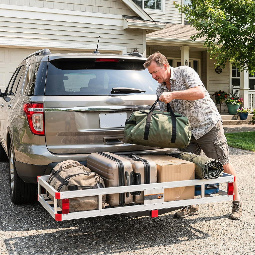 Goplus Hitch Cargo Carrier, Aluminum Hitch Mount Cargo Basket with 500LBS Capacity, Fits 2” Receiver, 60” x 22” x 7” Trailer Hitch Cargo Carrier for Vehicle Car SUV Truck