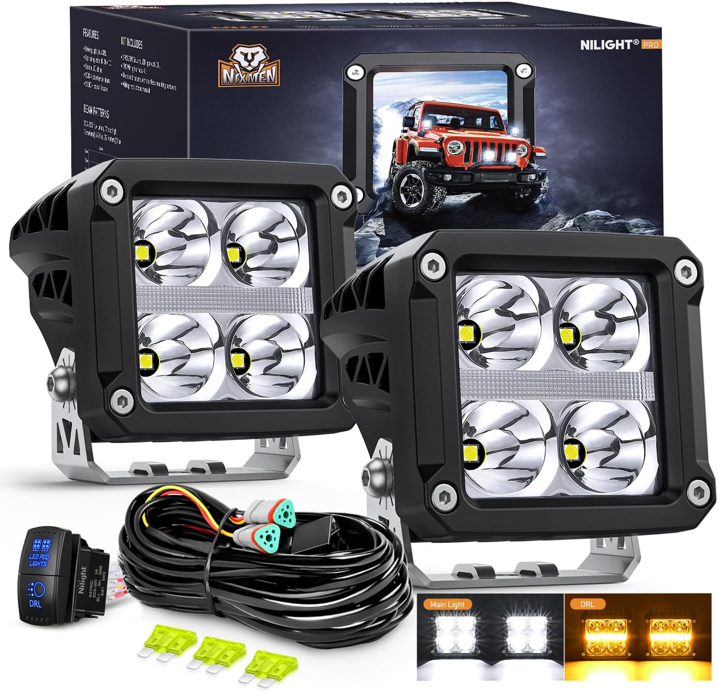 Nilight LED Pod Lights with Amber DRL 3.2 Inch Square 20W 2510LM Super Spot Beam w/ 16AWG Wiring Harness Kit Auxiliary Offroad Driving Ditch Light for Truck UTV ATV SUV 4x4