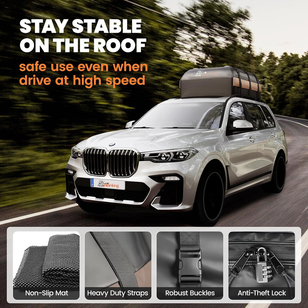 Asinking Car Rooftop Cargo Carrier Bag, 15 Cubic Feet Waterproof Roof Cargo Bag for Sedan SUV Minivan, Fit Vehicles with/Without Roof Rack, Sidebars & Crossbars - Max Size 44" L x34 W x17 H