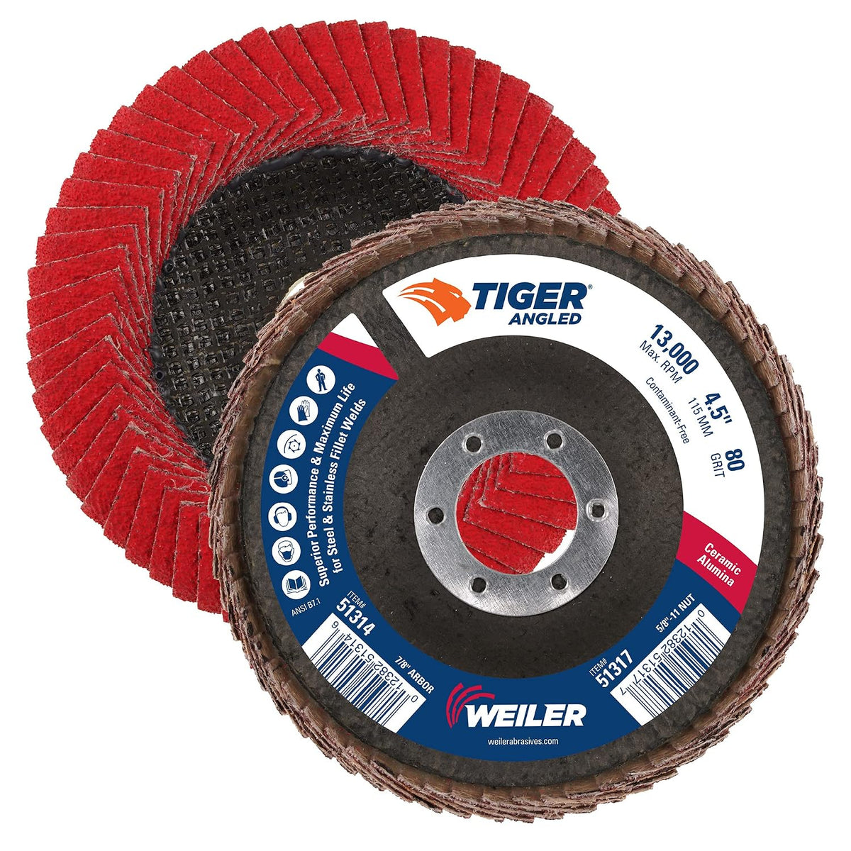 weiler 51314 4-1/2" tiger angled flap disc, cloth, main product view