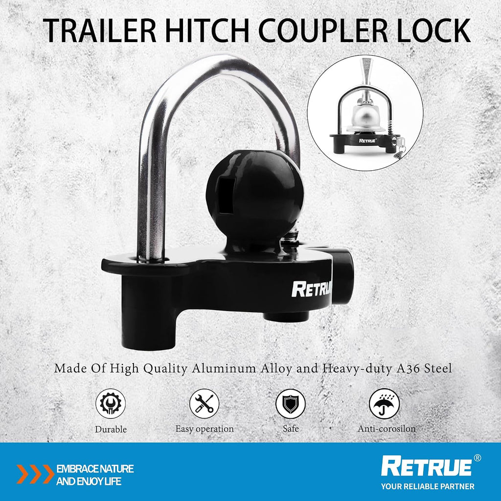 RETRUE Universal Coupler Lock Trailer Locks Ball Hitch Trailer Hitch Lock Adjustable Security Heavy-Duty Steel Fits 1-7/8 Inch, 2 Inch, 2-5/16 Inch Couplers Black (Pack of 2)