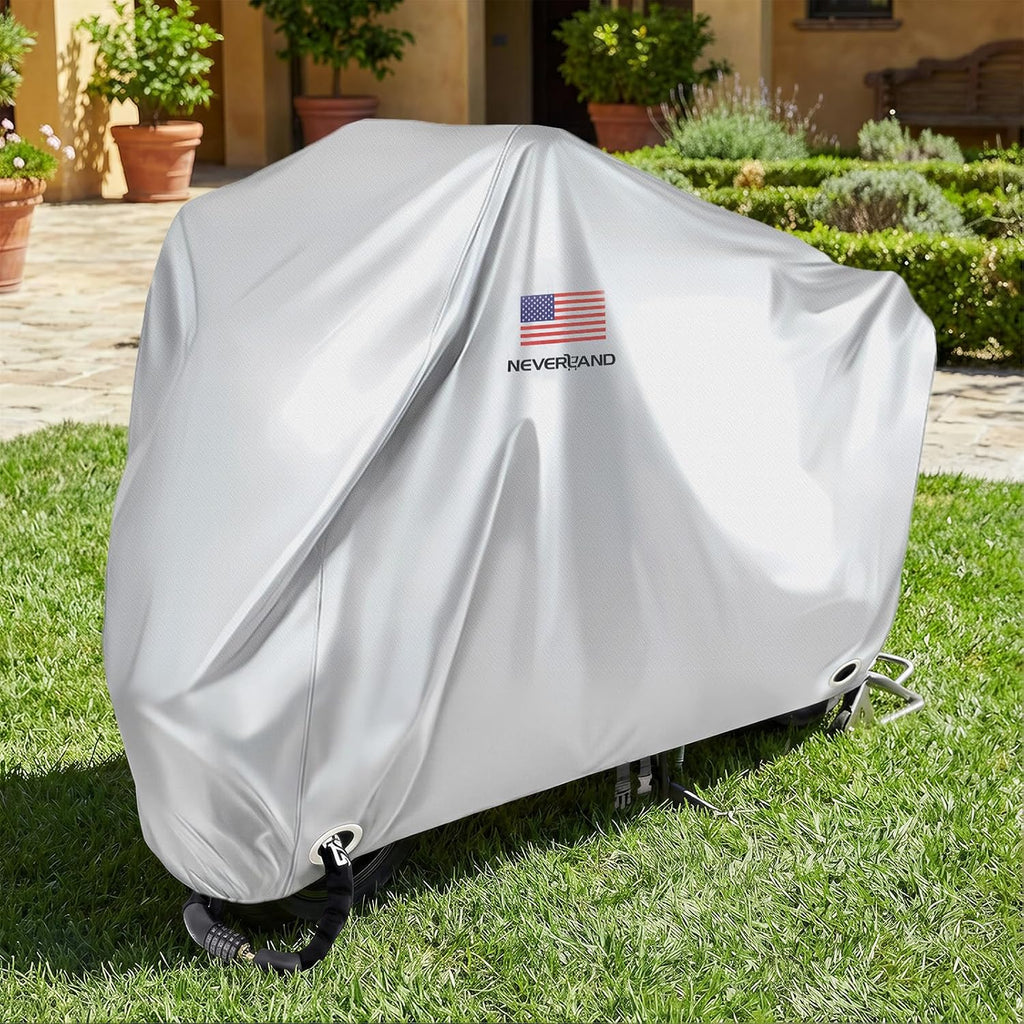 NEVERLAND Motorcycle Cover Waterproof Outdoor - Silver Heavy Duty Scooter Cover, Motorbike Cover with Refletive Logo, Lock-Hole, Bandage, Storage Bag-Protect Against Dust, Debris, Rain and Weather(L)