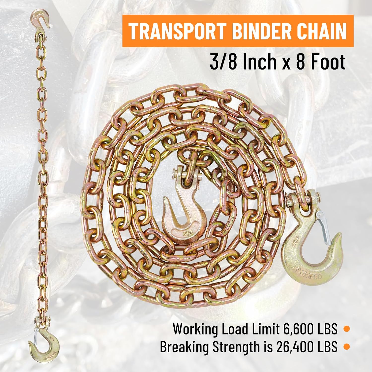3/8" Binder Chain with Clevis Grab Hooks, 8 FT Trailer Safety Chain, Grade 70 Standard Duty Transport Tow Chain 6,600 Pound Safe Working Load (Pack of 2)