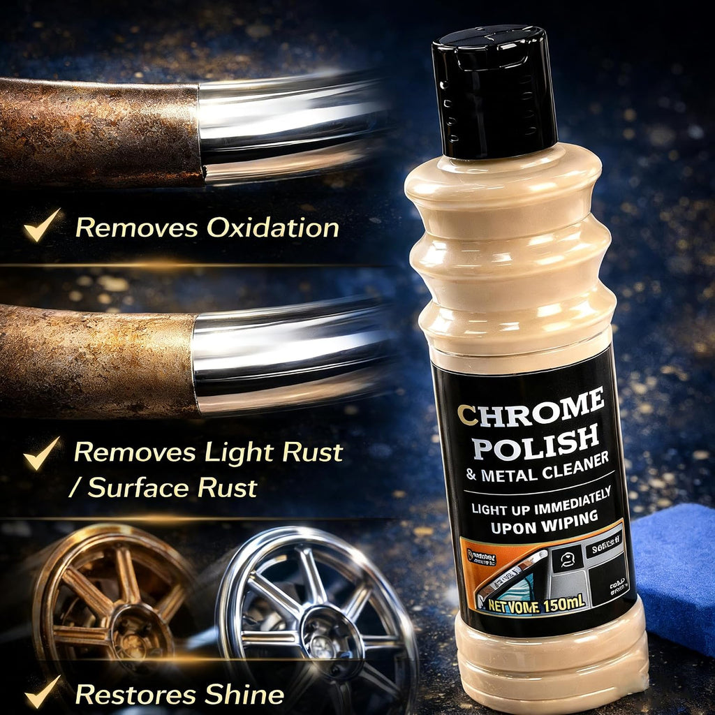 Chrome Polish & Metal Cleaner for Cars 5.07 fl oz, Rust Remover for Metals | Cleans & Restores Aluminum, Stainless Steel, Golf Clubs, Silver, Brass, Copper & Jewelry. 180-Day Shine Paint Protection.
