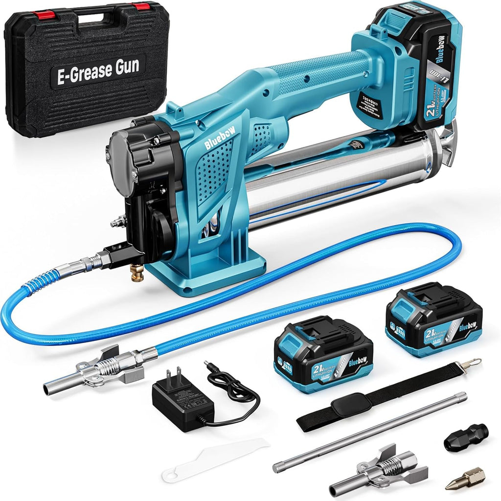 Bluebow Electric Grease Gun Kit, 12,000 PSI Pressure, 5.3 oz/min Flow Rate, 2X 4000 mAh Batteries, 39.4" Flexible Hose, Cordless Grease Gun Built for Farmers, Mechanics & Truckers, Light Weight, Teal