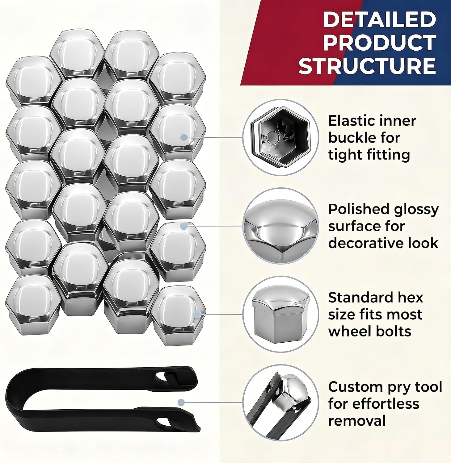 20PCS Lug Nut Covers, 21mm Car Hexagonal Wheel Bolt Covers Caps with Removal Tool, Dustproof Anti-Rust Auto Hub Screw Bolt Head Tire Protector, Universal Lug Nut Cap for Car SUV Truck (Silver)