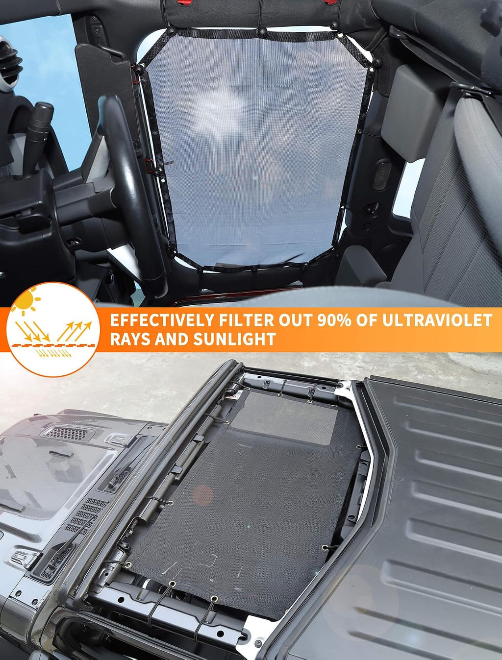 Savadicar Mesh Shade Top, Roof Sunshade Cover for 2018-2023 Jeep Wrangler JL JLU 4XE & Gladiator JT, UV Protection & Heat Reduction for Enhanced Comfort on the Road, Durable Polyester, Black