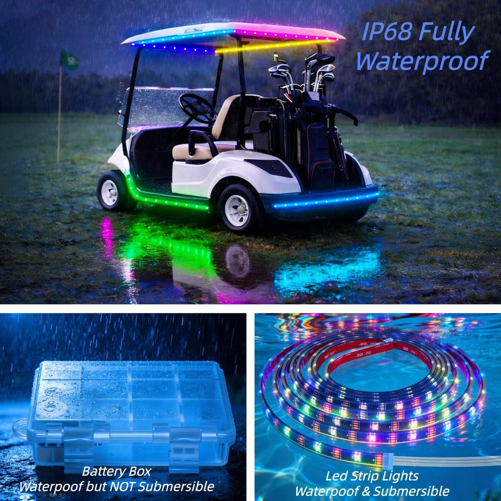 Battery Powered RGB+IC Dream Color Chasing Golf Cart Canopy Roof Lights with Remote, 2 Pack 4FT IP68 Waterproof Addressable Golf Cart Underglow Light Strip for EZGO Yamaha Club Car, Boat, Easy Install