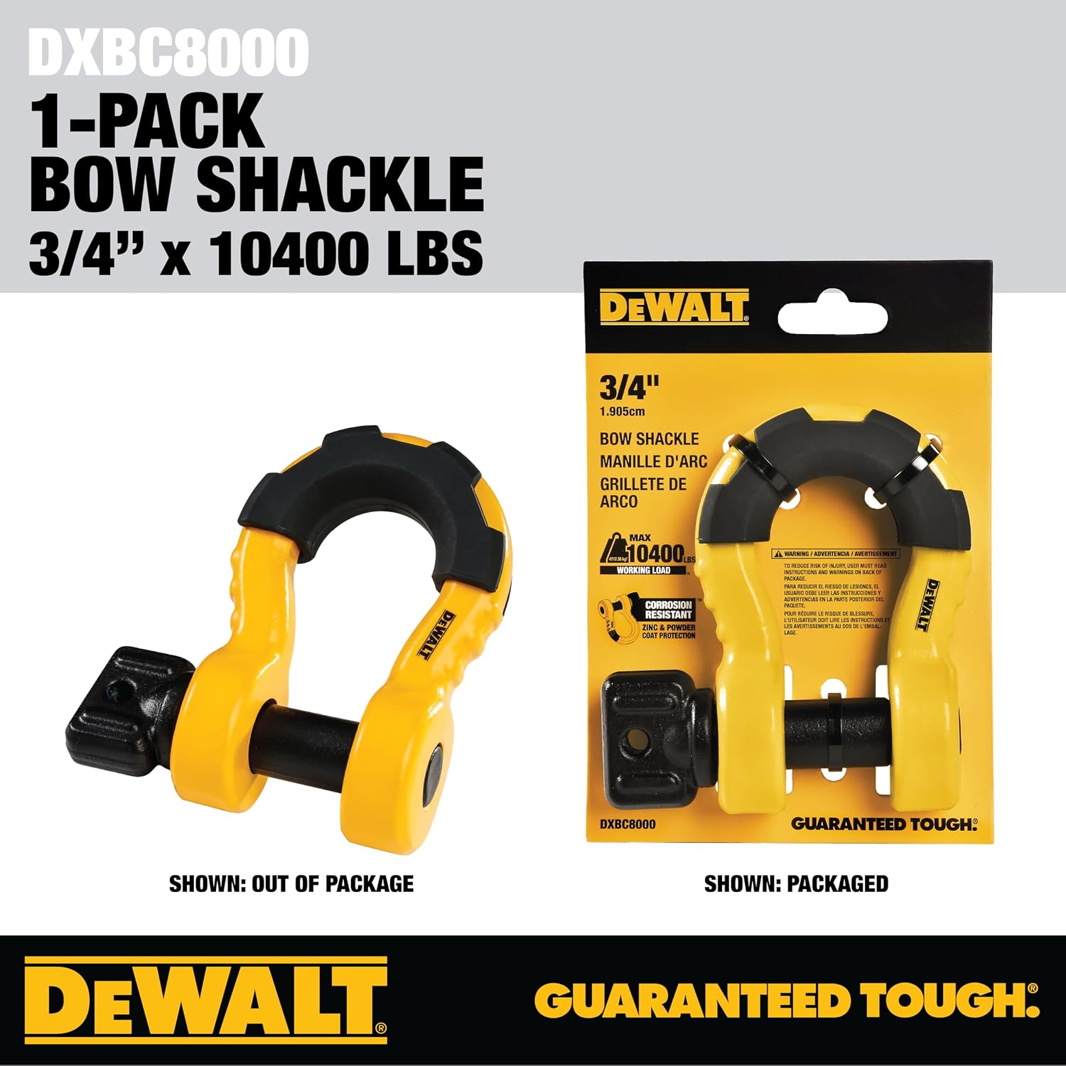 DEWALT DXBC8000 Black/Yellow 3/4" Bow Shackle with 7/8" Pin (10,400 lb Work Strength) - Towing, Winching, Vehicle Recovery