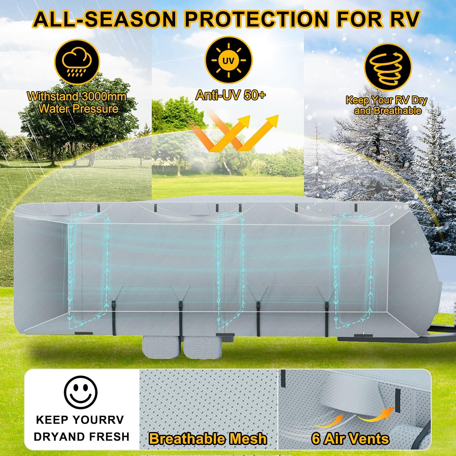 RV Cover 22-24ft, Travel Trailer Heavy Duty Extra-Thick 8 Layers Anti-UV Waterproof Windproof Camper Cover with Tongue Jack Cover, Extra Windproof Ropes, Gutter Covers