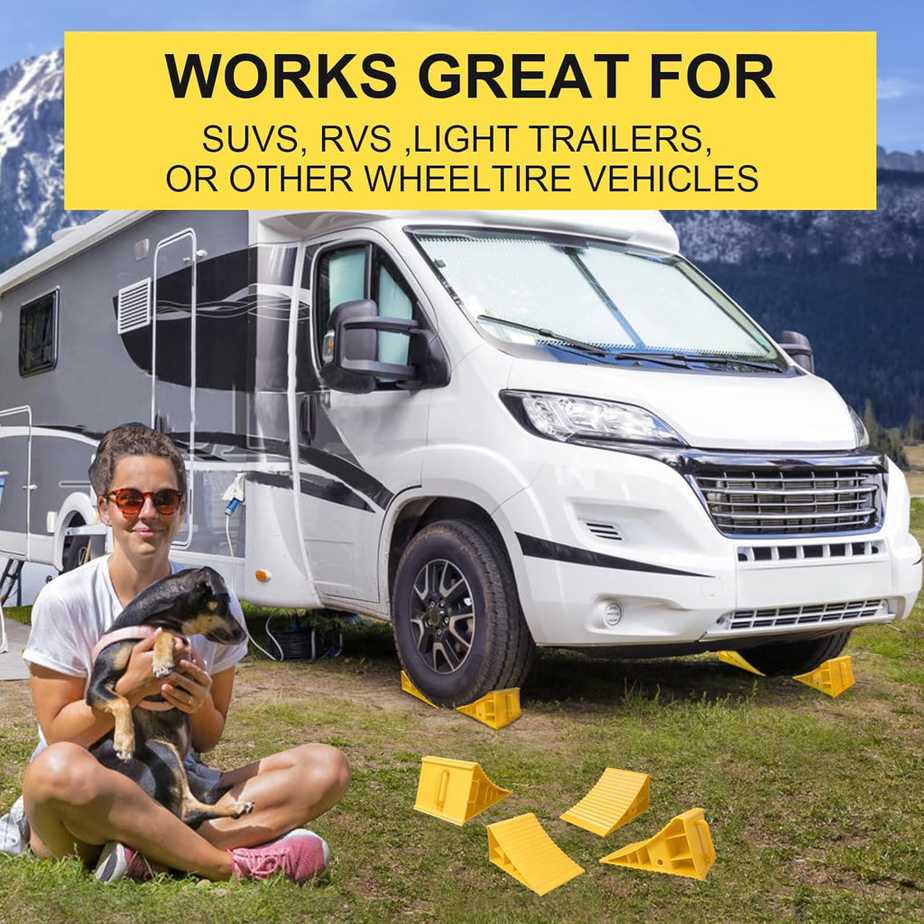 4Pack Wheel Chocks for RV Trailer Non Slip Heavy Duty Yellow Camper Wheel Chocks with Handle for Easy Removal Polypropylene Wheel Stoppers for Cars Campers Trucks Rvs