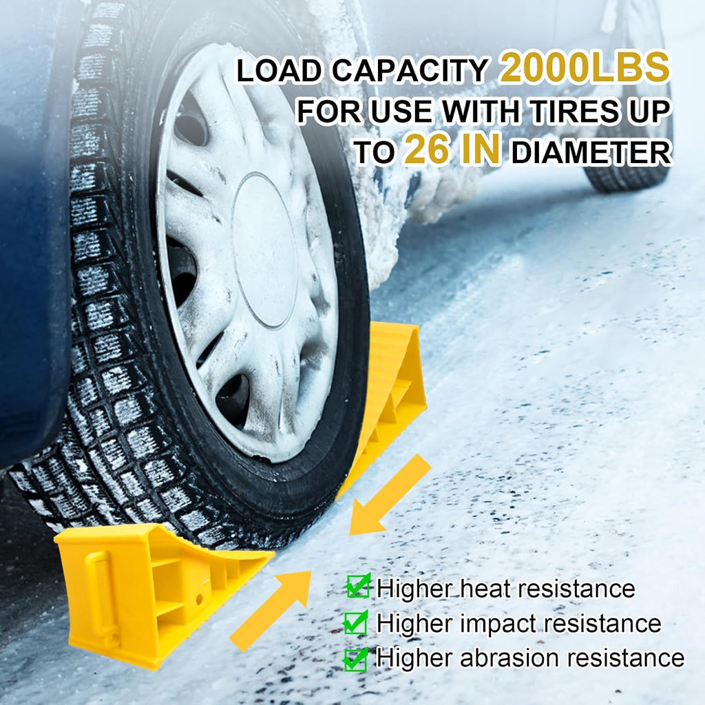 4Pack Wheel Chocks for RV Trailer Non Slip Heavy Duty Yellow Camper Wheel Chocks with Handle for Easy Removal Polypropylene Wheel Stoppers for Cars Campers Trucks Rvs