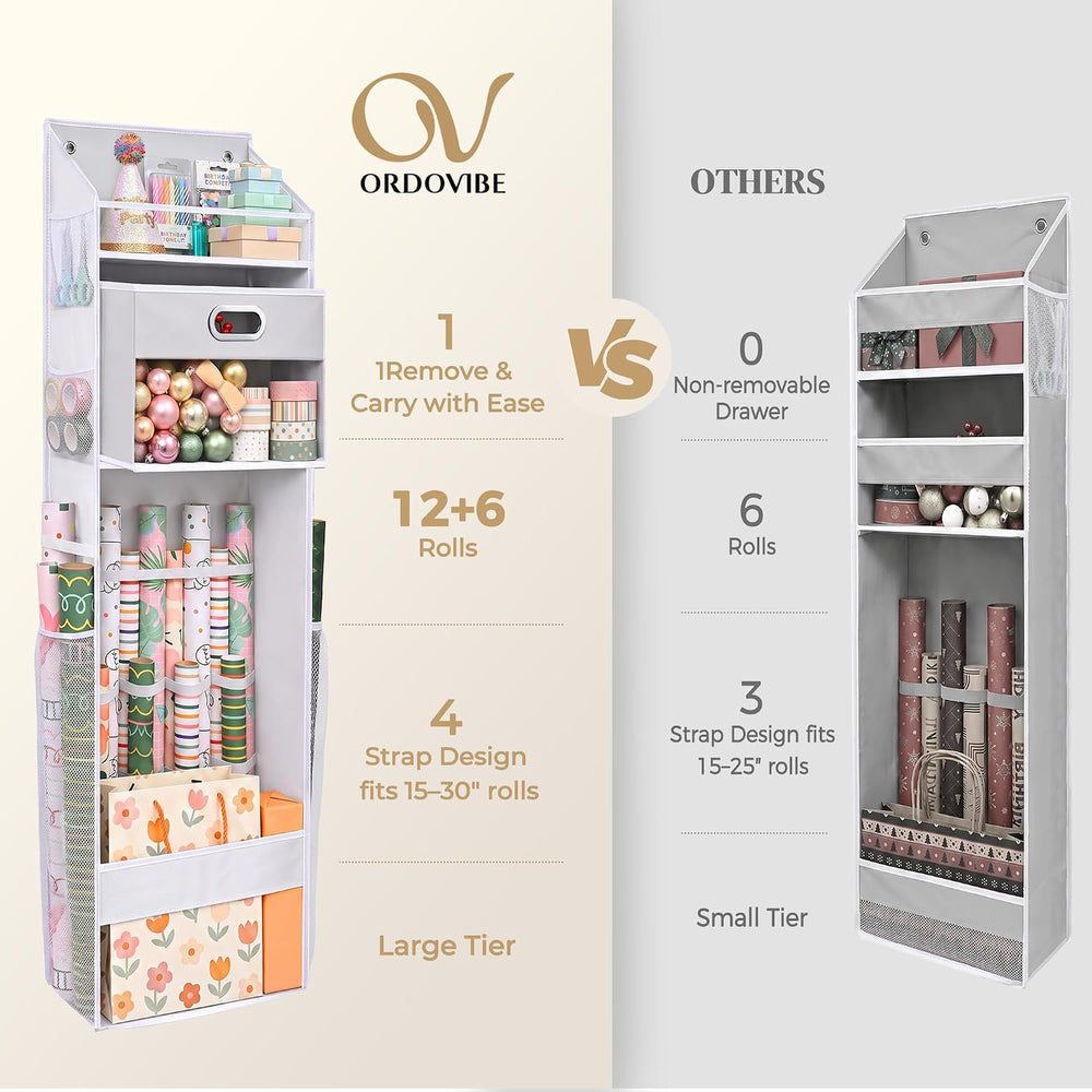 Ordovibe Wrapping Paper Storage Organizer, Over The Door Gift Wrap Holder wit...