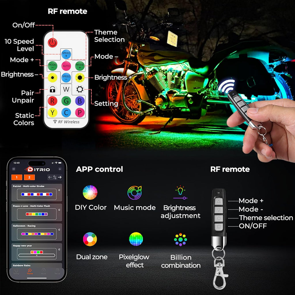 18PCS Motorcycle Led Underglow Kit with Brake Turn Signal, Motorcycle RGB Lights with DITRIO APP/RF Remote Control, Dual Zone,12V Waterproof Pixelglow Effects for Motorcycles, Golf Carts,UTVs, Boats
