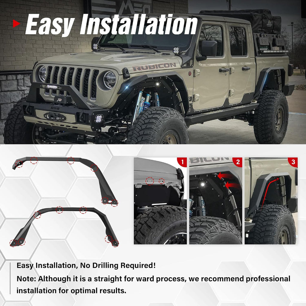 for Gladiator JT Flat Front and Rear Fender Flares with Turn Signal Lights Compatible with 2020-2026 Jeep Gladiator JT, Combo Wheel Fenders Heavy Duty Steel Mud Guard(4 PCS Kit)