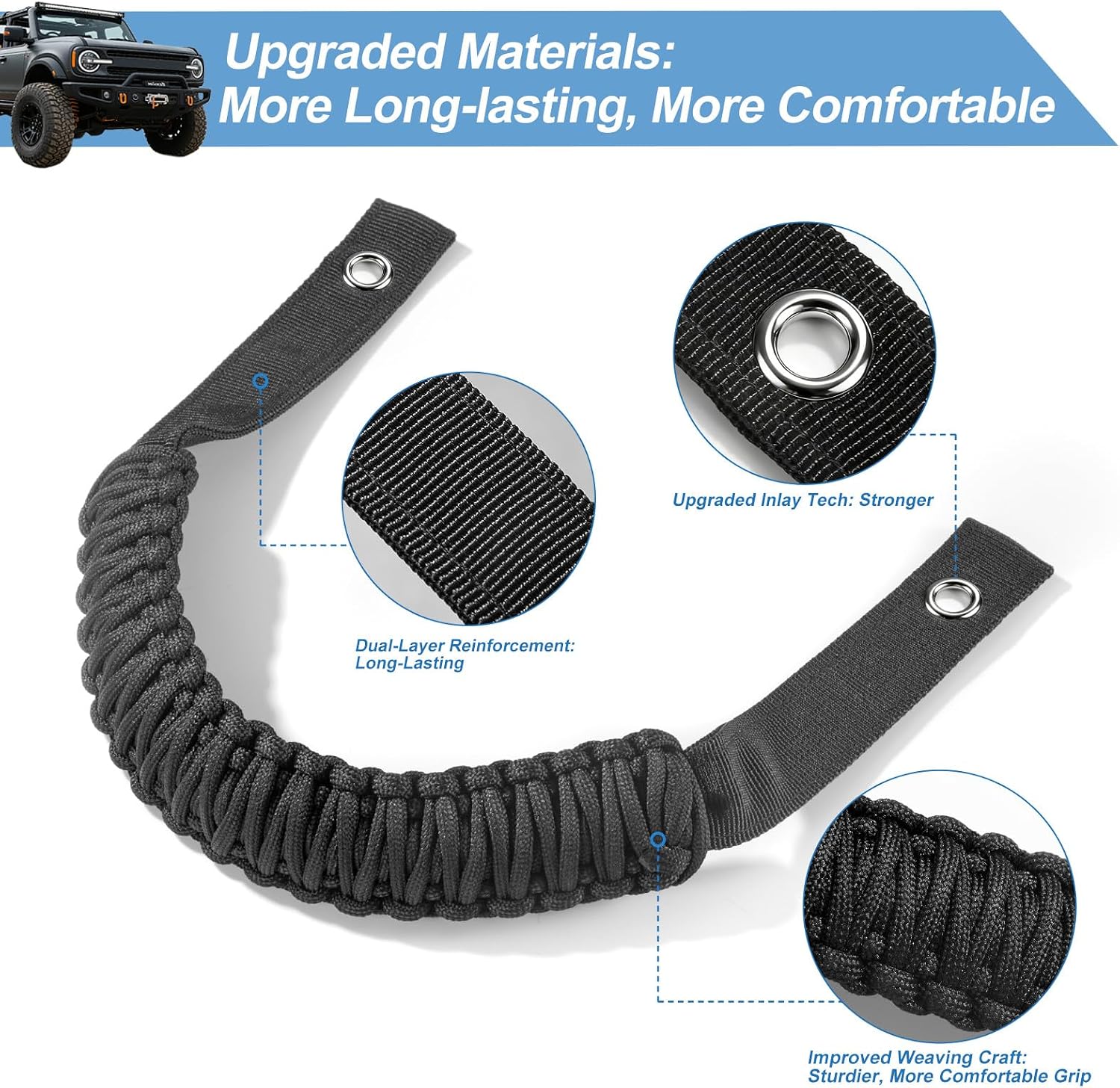 4 PCS Roll Bar Grab Handles Compatible with Ford-Bronco 2025, 2024, 2023, 2022, 2021, 4 or 2 Door, Upgrade Grab Handle, Comfortable Paracord Grip Handle, Black