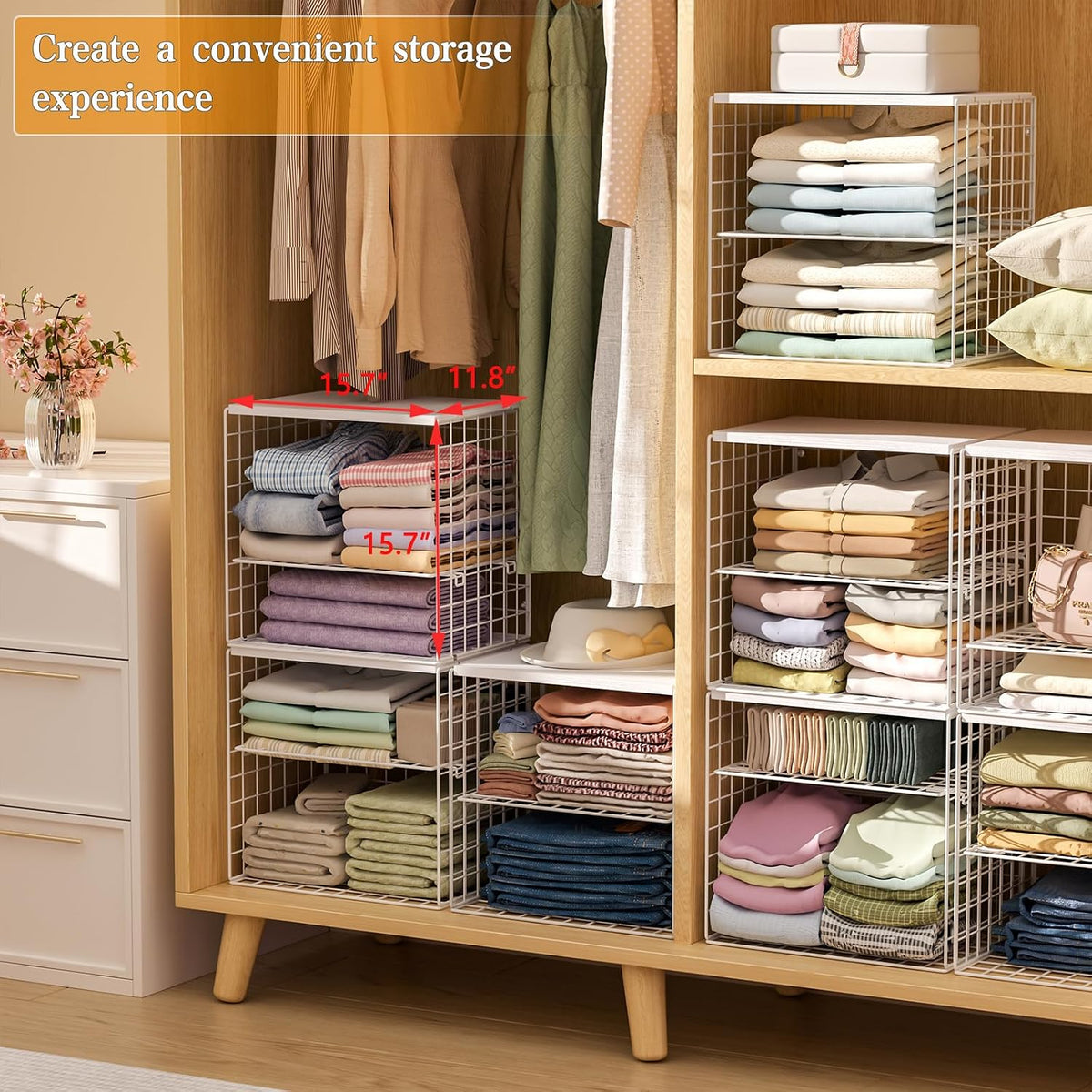4-tier stackable closet organizers and storage shelves, closet shown in use
