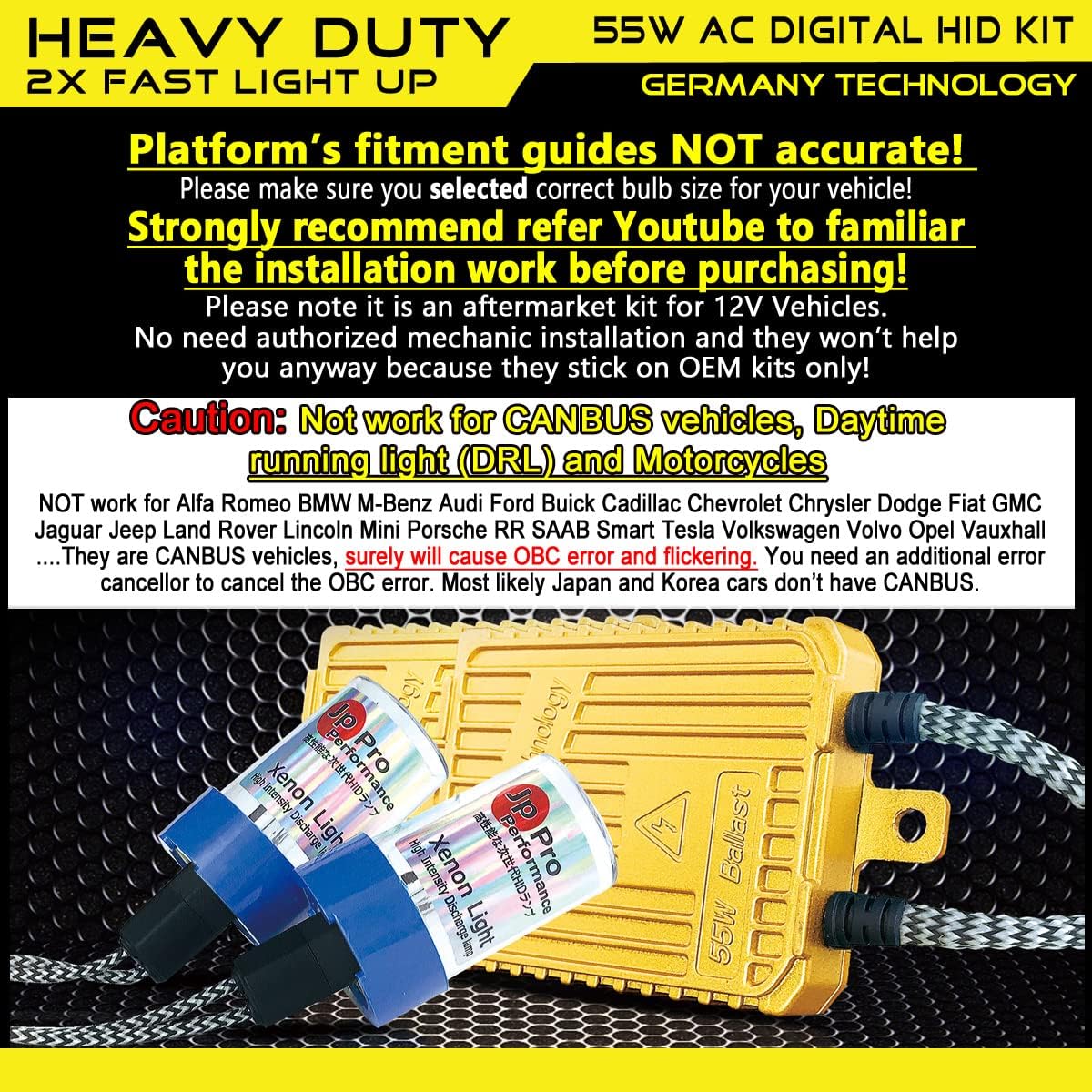 55W Heavy Duty HID Xenon Replacement Bulbs Bundle with AC Digital HID Fast Bright Replacement Ballast for 12V Vehicles (8000K Iceberg, HB4/9006)