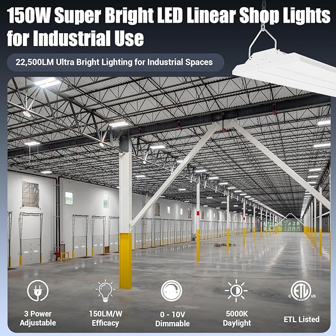 High Bay LED Shop Light 1.35FT 150W 22500LM 0-10V Dimmable 5000K Daylight - Image 2