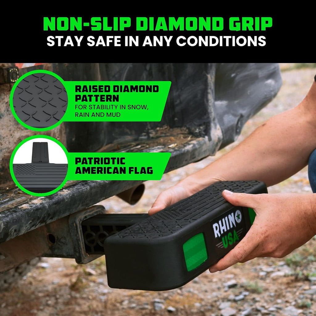 Rhino USA Tow Hitch Step for 2IN Receivers. Anti-Slip Grip, Reflective Material and Bumper Protection Perfect for Trucks, SUV's and More - Locking Trailer Hitch Pin Included! - Black