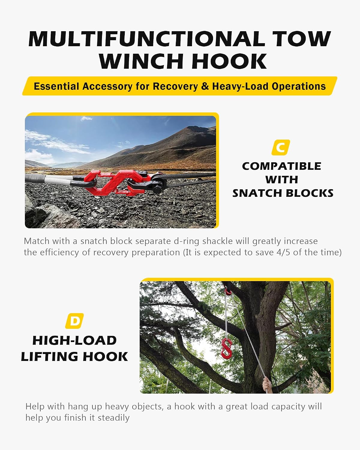 3/8" Tow Hook, S-Shaped Winch Hook, 33,000lbs Breaking Strength, G80 Heavy Duty Forged Steel, Fast Connect Easy Release Winch Shackle Towing Hook for Trucks, SUVs, ATVs, Trailers, Red