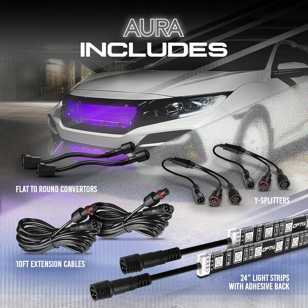 OPT7 Aura Single Row Expansion Pack - 2pc 24” RGB Multicolor LED Strips w/Splitters and Extension Wires for Interior, Wheel, Grille, Engine Bay, Golf Cart, Boat, Car, Truck, Van, SUV Decor Lighting